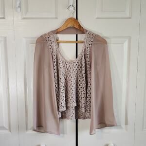 Beige/Tan Crochet Top Size SM Cropped Sheer Bell Sleeves Neutral Boho Fairycore